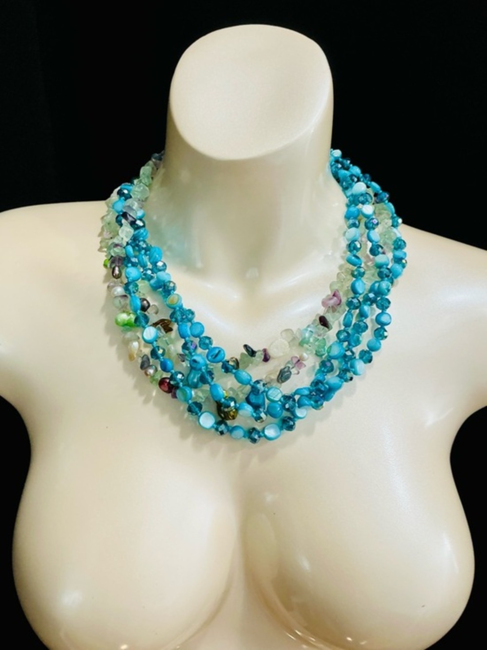 Layered Blue Mother of Pearl & Austrian Crystal Beaded Gemstone Statement Neckl